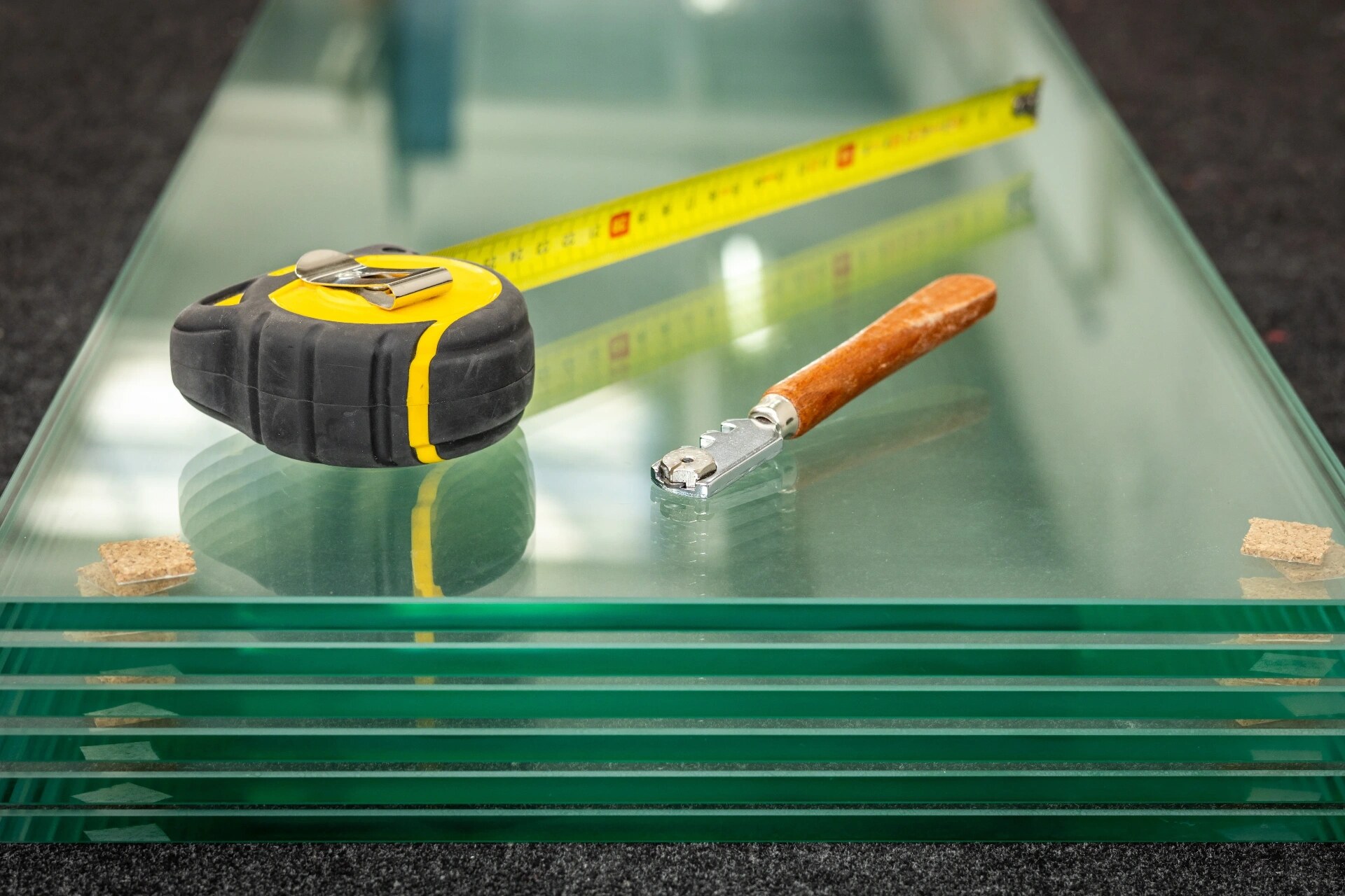 Glazier measuring and cutting a sheet of clear glass to size — Headlands Glass in Ballina, NSW